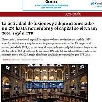 La actividad de fusiones y adquisiciones sube un 2% hasta noviembre y el capital se eleva un 20%, segn TTR